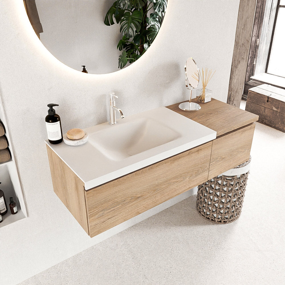 MONDIAZ BUKLA 120cm badmeubel met module 40 kleur Washed Oak met 2 lades. Wastafel CLOUD links 1 kraangat kleur Talc.
