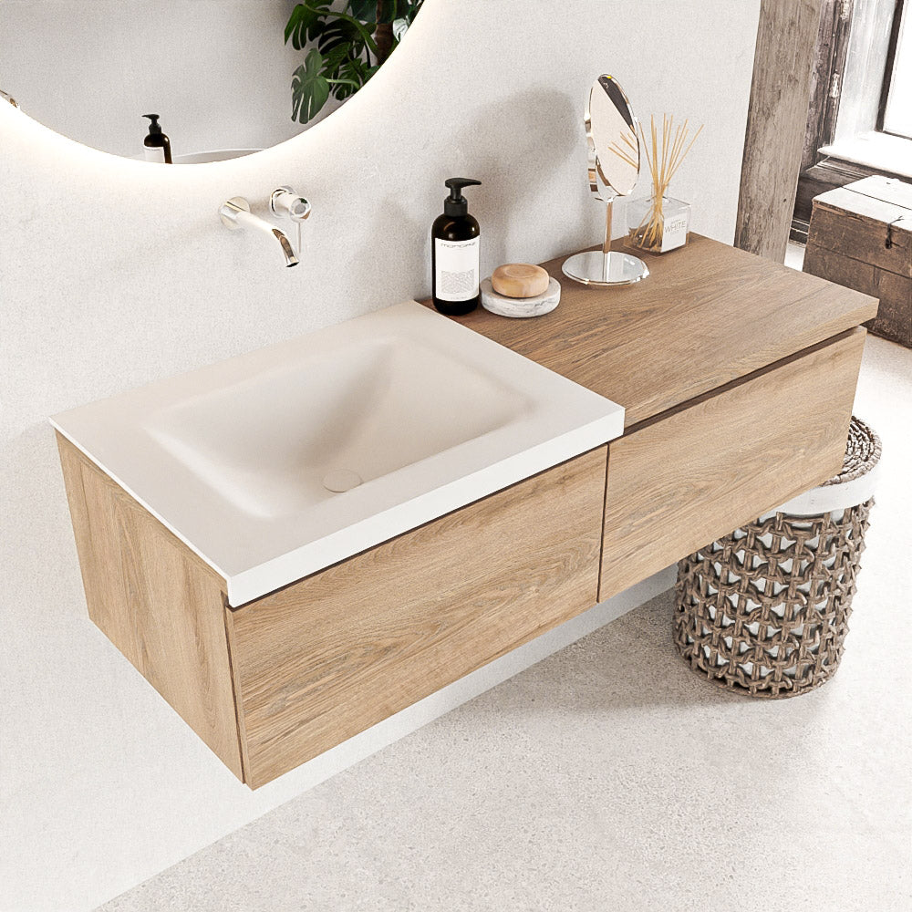 MONDIAZ BUKLA 120cm badmeubel met module 60 kleur Washed Oak met 2 lades. Wastafel CLOUD links 0 kraangaten kleur Talc.