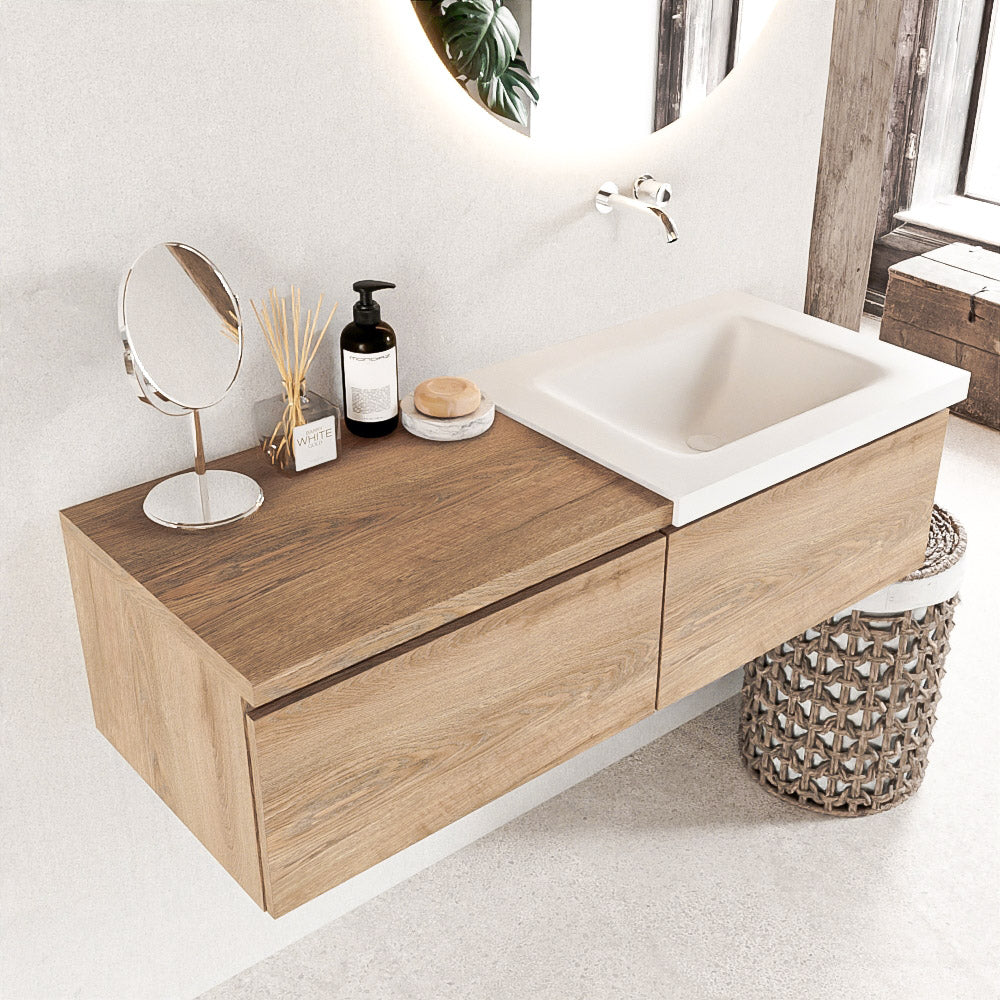 MONDIAZ BUKLA 120cm badmeubel met module 60 kleur Washed Oak met 2 lades. Wastafel CLOUD rechts 0 kraangaten kleur Talc.