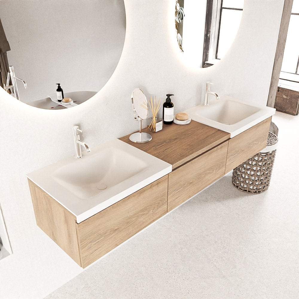 MONDIAZ BUKLA 180cm badmeubel met module 60 kleur Washed Oak met 3 lades. Wastafel CLOUD dubbel 2 kraangaten kleur Talc.