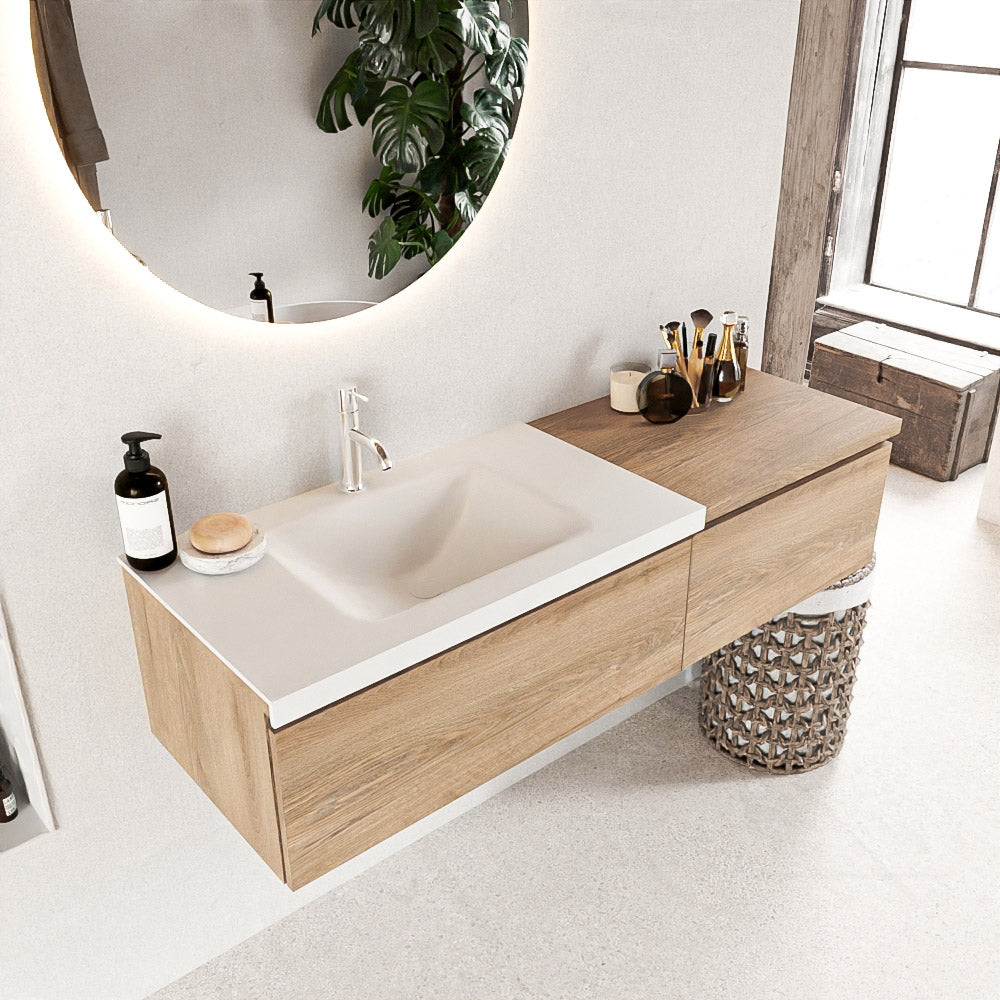 MONDIAZ BUKLA 140cm badmeubel met module 60 kleur Washed Oak met 2 lades. Wastafel CLOUD links 1 kraangat kleur Talc.