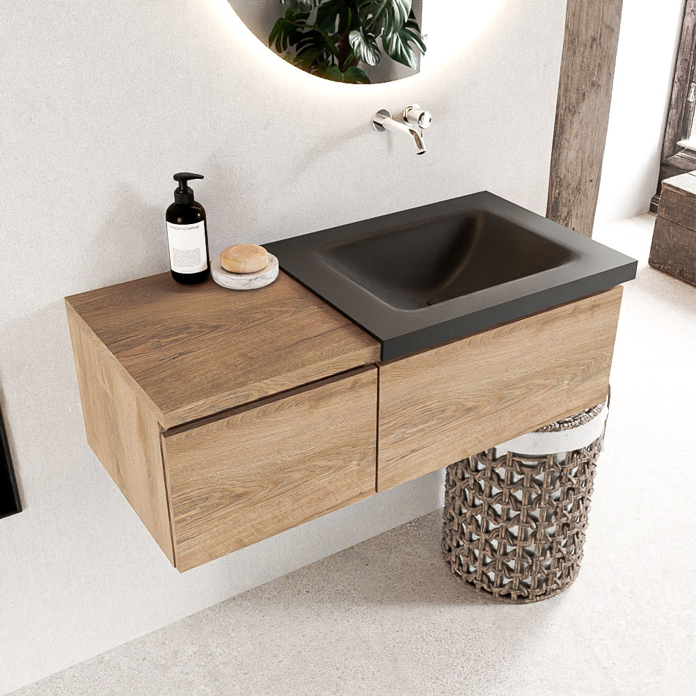 MONDIAZ BUKLA 100cm badmeubel met module 40 kleur Washed Oak met 2 lades. Wastafel CLOUD rechts 0 kraangaten kleur Urban.
