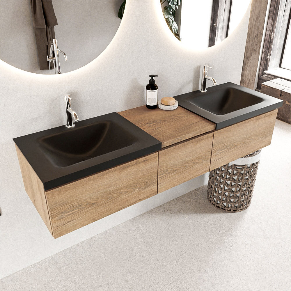 MONDIAZ BUKLA 160cm badmeubel met module 40 kleur Washed Oak met 3 lades. Wastafel CLOUD dubbel 2 kraangaten kleur Urban.