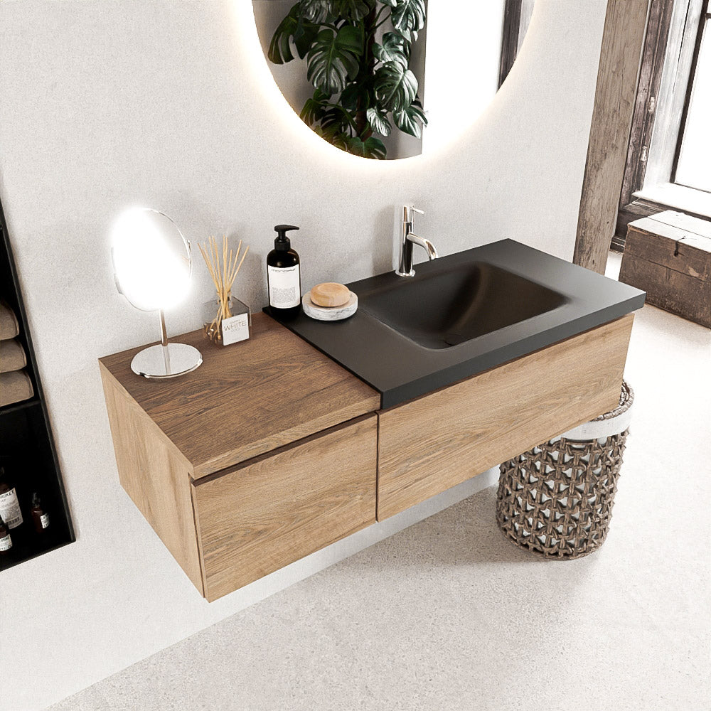 MONDIAZ BUKLA 120cm badmeubel met module 40 kleur Washed Oak met 2 lades. Wastafel CLOUD rechts 1 kraangat kleur Urban.