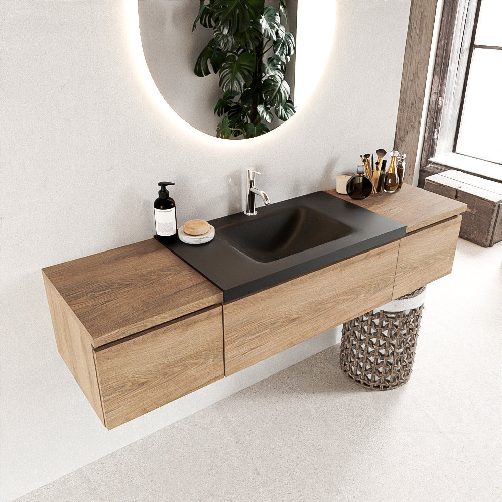 MONDIAZ BUKLA 160cm badmeubel met module 40 kleur Washed Oak met 3 lades. Wastafel CLOUD midden 1 kraangat kleur Urban.