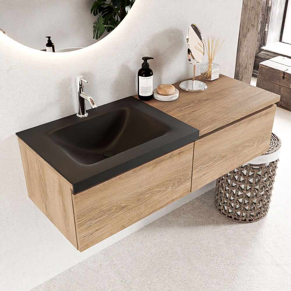 MONDIAZ BUKLA 120cm badmeubel met module 60 kleur Washed Oak met 2 lades. Wastafel CLOUD links 1 kraangat kleur Urban.