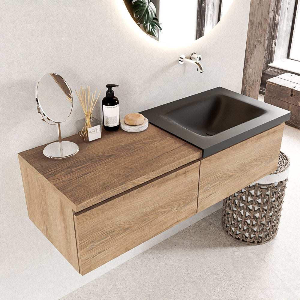 MONDIAZ BUKLA 120cm badmeubel met module 60 kleur Washed Oak met 2 lades. Wastafel CLOUD rechts 0 kraangaten kleur Urban.