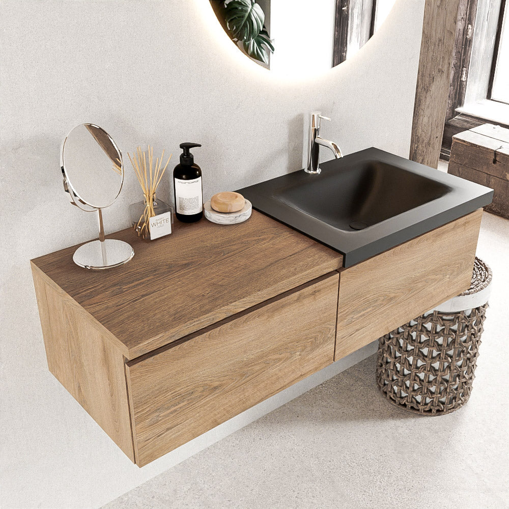 MONDIAZ BUKLA 120cm badmeubel met module 60 kleur Washed Oak met 2 lades. Wastafel CLOUD rechts 1 kraangat kleur Urban.