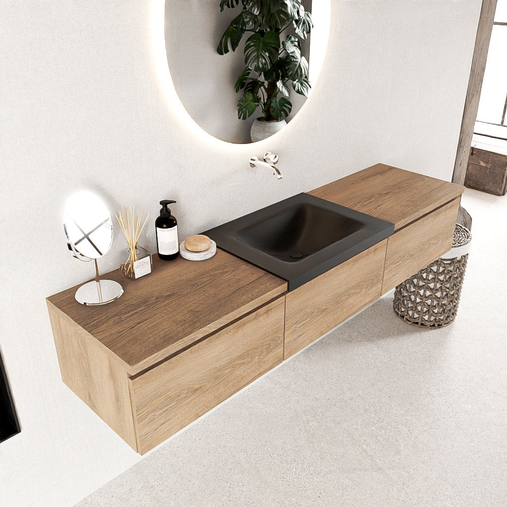 MONDIAZ BUKLA 180cm badmeubel met module 60 kleur Washed Oak met 3 lades. Wastafel CLOUD midden 0 kraangaten kleur Urban.