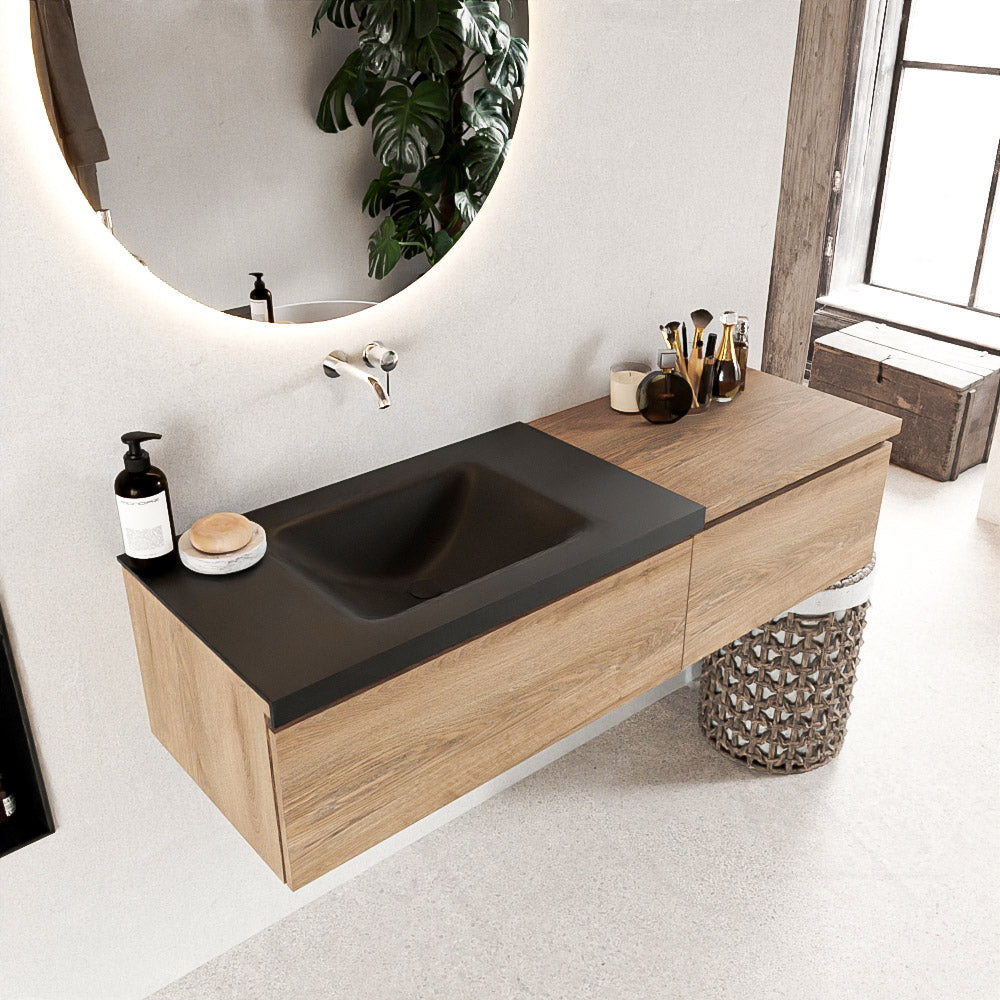MONDIAZ BUKLA 140cm badmeubel met module 60 kleur Washed Oak met 2 lades. Wastafel CLOUD links 0 kraangaten kleur Urban.