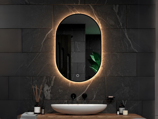 Lumaro LED Badkamerspiegel - 90x50cm Ovaal - Zwart Frame - Anti-condens - Drie dimbare lichtstanden
