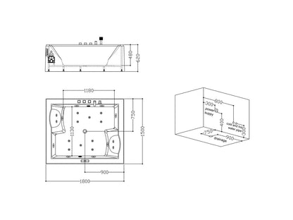 2 persoons inbouw massagebad - Malka Glans Zwart - 180x150x62cm