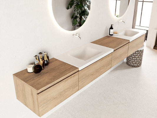 MONDIAZ® BUKLA Badmeubel 280cm - Module 60 Rechts - 4 Lades - Washed Oak (Eiken) - Dubbele Wastafel CLOUD 0 Kraangaten - Kleur Talc (Wit)