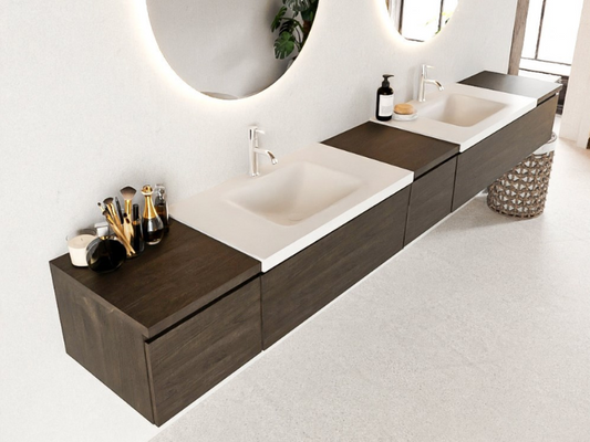MONDIAZ BUKLA 280cm Badmeubel met Module 40 - Kleur Dark Brown - 5 Lades - Wastafel CLOUD Dubbel - 2 Kraangaten - Kleur Talc (Wit)