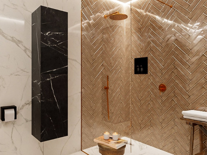 MONDIAZ BEAM Kolomkast Badmeubel 160cm - Marquina (Zwart Marmer) met 2 Push-to-Open Deuren