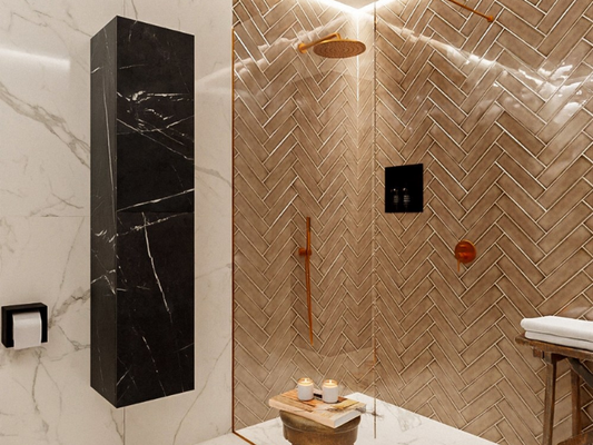 MONDIAZ BEAM Kolomkast Badmeubel 160cm - Marquina (Zwart Marmer) met 2 Push-to-Open Deuren