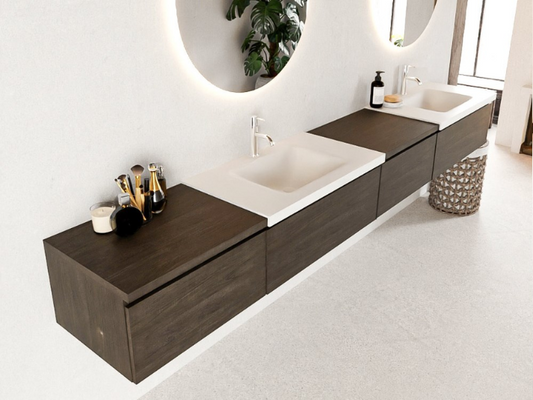 MONDIAZ BUKLA 280cm Badmeubel met Module 60 Rechts - Kleur Dark Brown - 4 Lades - Wastafel CLOUD Dubbel - 2 Kraangaten - Kleur Talc (Wit)