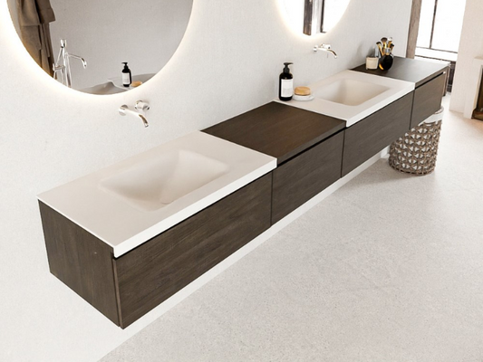 MONDIAZ BUKLA 280cm Badmeubel met Module 60 Links - Kleur Dark Brown - 4 Lades - Wastafel CLOUD Dubbel - 0 Kraangaten - Kleur Talc (Wit)