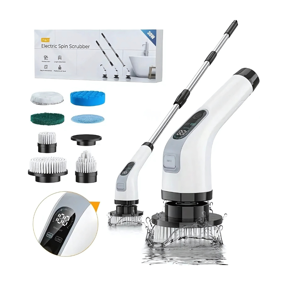 HomeEase® Elektrische Spin Scrubber Set - LED Display - Vervangbare Borstelkoppen, LED Display - Afneembare Lange Handgreep