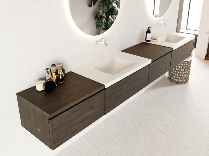 MONDIAZ BUKLA 280cm Badmeubel met Module 60 Rechts - Kleur Dark Brown - 4 Lades - Wastafel CLOUD Dubbel - 0 Kraangaten - Kleur Talc (Wit)