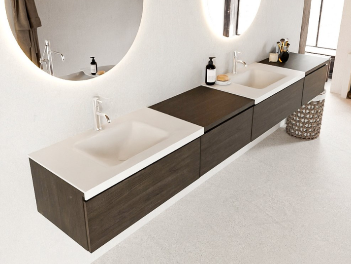 MONDIAZ BUKLA 280cm Badmeubel met Module 60 Links - Kleur Dark Brown - 4 Lades - Wastafel CLOUD Dubbel - 2 Kraangaten - Kleur Talc (Wit)