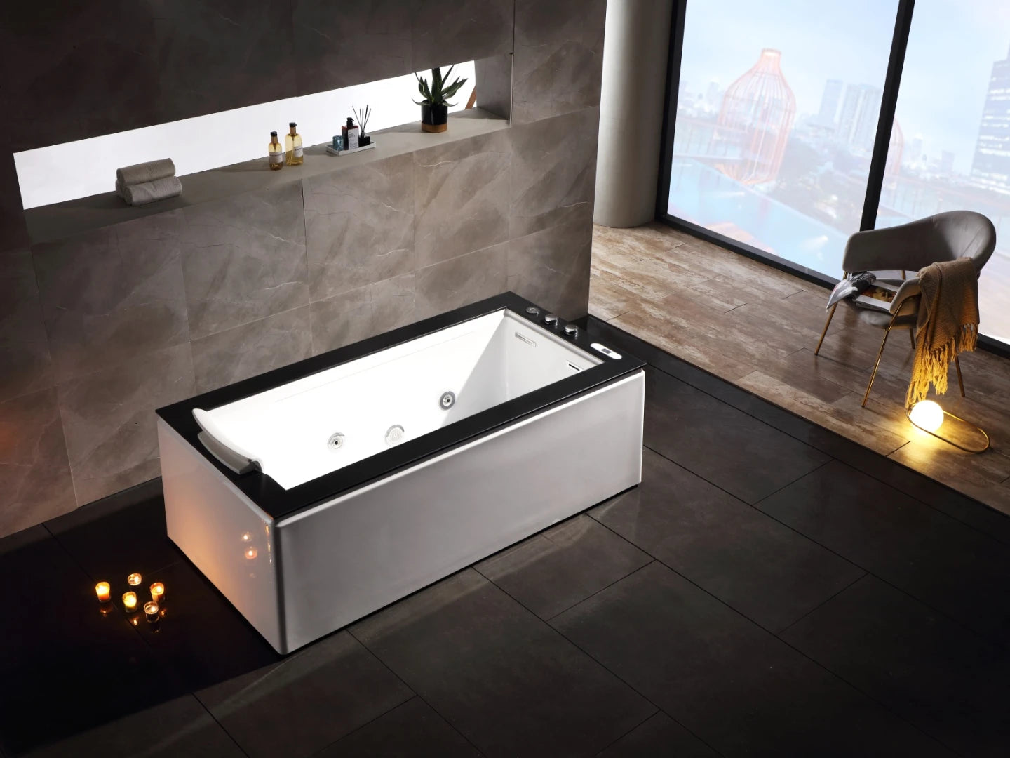 Vrijstaand massagebad - Mat zwart top - Nebo Glans wit - 183x93x62cm