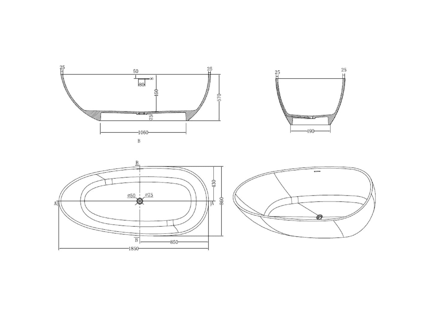 Vrijstaand bad - Solid surface - Izak Mat grijs - 185x86x57cm