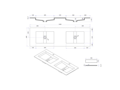 Inbouw wastafel - Solid surface - Ash Mat wit - 49x160x11cm