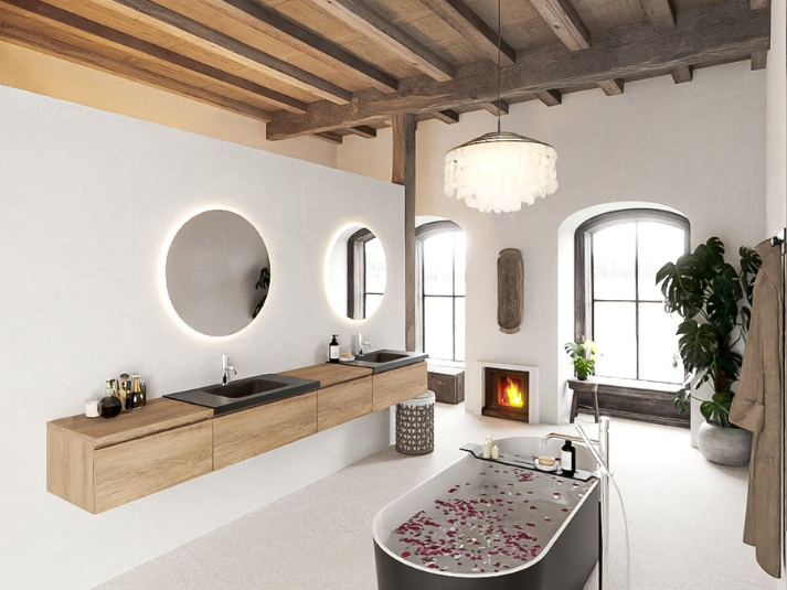 MONDIAZ BUKLA 280cm Badmeubel met Module 60 Rechts - Kleur Washed Oak - 4 Lades - Wastafel CLOUD Dubbel - 2 Kraangaten - Kleur Urban (Zwart)