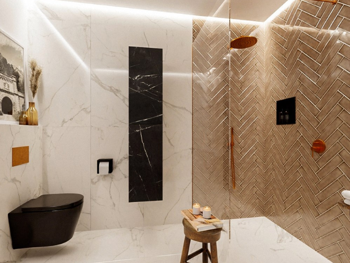 MONDIAZ BEAM Kolomkast Badmeubel 160cm - Marquina (Zwart Marmer) met 2 Push-to-Open Deuren