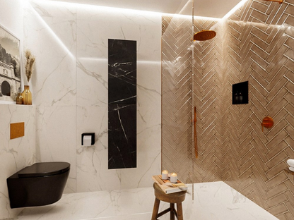 MONDIAZ BEAM Kolomkast Badmeubel 160cm - Marquina (Zwart Marmer) met 2 Push-to-Open Deuren