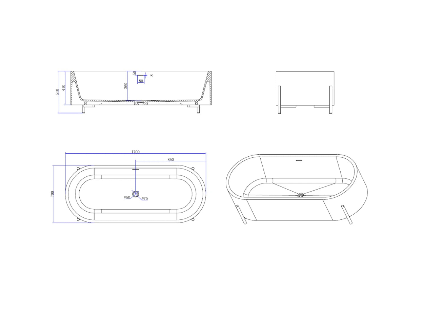 Vrijstaand bad - Solid surface - Kody Mat zwart - 180x80x54cm