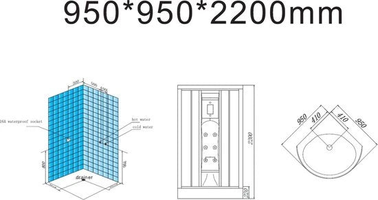 Stoomcabine - Minto Zwart, Grijs - 95x95x220cm