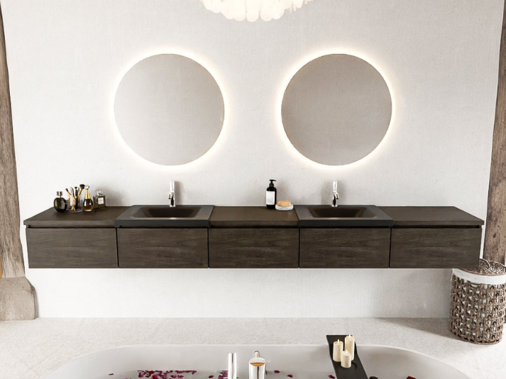 MONDIAZ® BUKLA 300cm Badmeubel - Module 60 - 5 Lades - Dark Brown - Dubbele Wastafel CLOUD met 2 Kraangaten - Kleur Urban (Zwart)