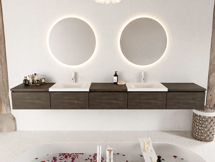 MONDIAZ BUKLA 300cm Badmeubel met Module 60 - Kleur Dark Brown - 5 Lades - Wastafel CLOUD Dubbel - 2 Kraangaten - Kleur Talc (Wit)