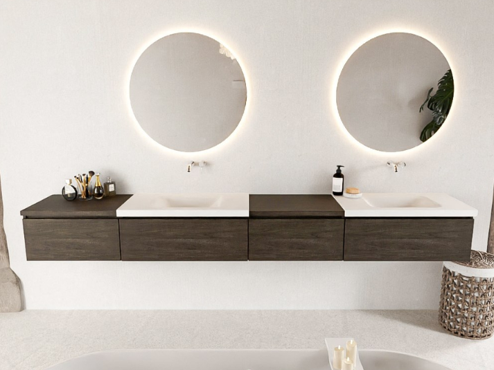 MONDIAZ BUKLA 280cm Badmeubel met Module 60 Rechts - Kleur Dark Brown - 4 Lades - Wastafel CLOUD Dubbel - 0 Kraangaten - Kleur Talc (Wit)
