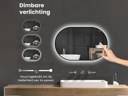 Lumaro LED Badkamerspiegel - 90x50cm Ovaal - Zwart Frame - Anti-condens - Drie dimbare lichtstanden