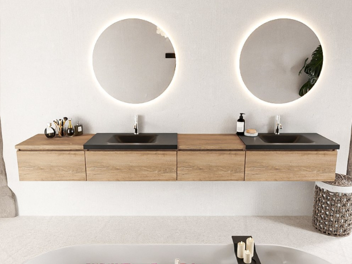 MONDIAZ BUKLA 280cm Badmeubel met Module 60 Rechts - Kleur Washed Oak - 4 Lades - Wastafel CLOUD Dubbel - 2 Kraangaten - Kleur Urban (Zwart)