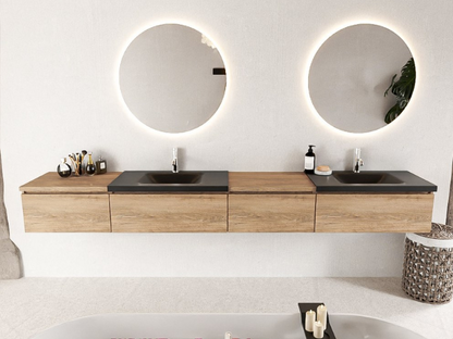 MONDIAZ BUKLA 280cm Badmeubel met Module 60 Rechts - Kleur Washed Oak - 4 Lades - Wastafel CLOUD Dubbel - 2 Kraangaten - Kleur Urban (Zwart)