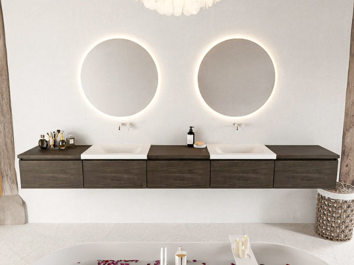 MONDIAZ BUKLA 300cm Badmeubel met Module 60 - Kleur Dark Brown - 5 Lades - Wastafel CLOUD Dubbel - 0 Kraangaten - Kleur Talc (Wit)