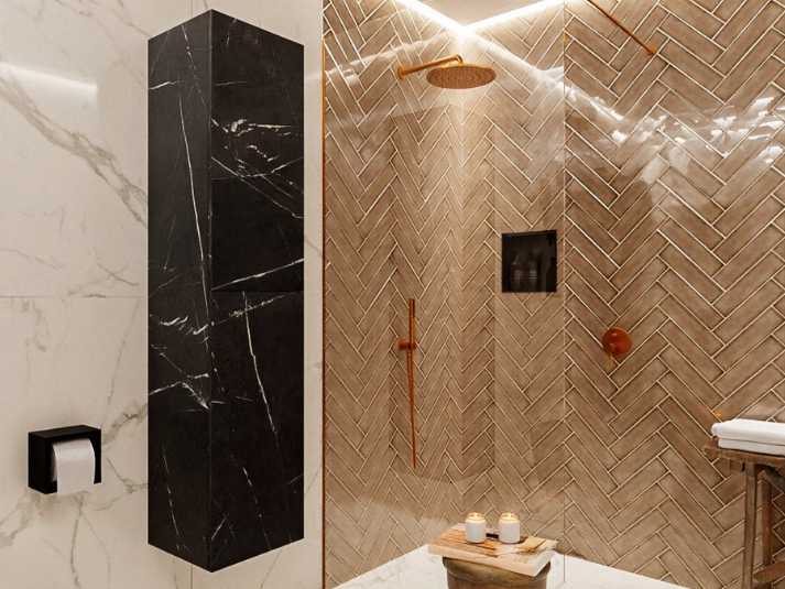 MONDIAZ BEAM Kolomkast Badmeubel 160cm - Marquina (Zwart Marmer) met 2 Push-to-Open Deuren