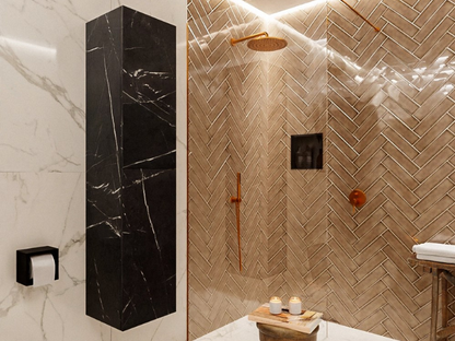 MONDIAZ BEAM Kolomkast Badmeubel 160cm - Marquina (Zwart Marmer) met 2 Push-to-Open Deuren