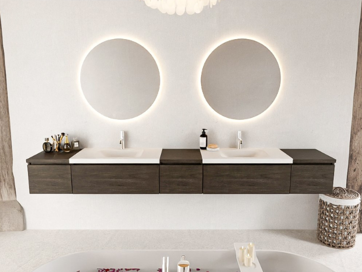 MONDIAZ BUKLA 280cm Badmeubel met Module 40 - Kleur Dark Brown - 5 Lades - Wastafel CLOUD Dubbel - 2 Kraangaten - Kleur Talc (Wit)
