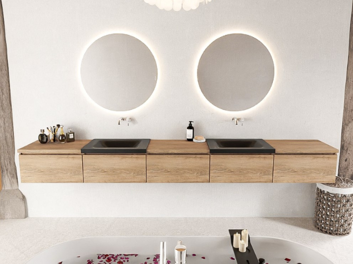MONDIAZ BUKLA 300cm Badmeubel met Module 60 - Kleur Washed Oak (Eiken) - 5 Lades - Wastafel CLOUD Dubbel - 0 Kraangaten - Kleur Urban (Zwart)