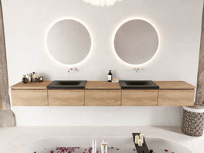 MONDIAZ BUKLA 300cm Badmeubel met Module 60 - Kleur Washed Oak (Eiken) - 5 Lades - Wastafel CLOUD Dubbel - 0 Kraangaten - Kleur Urban (Zwart)