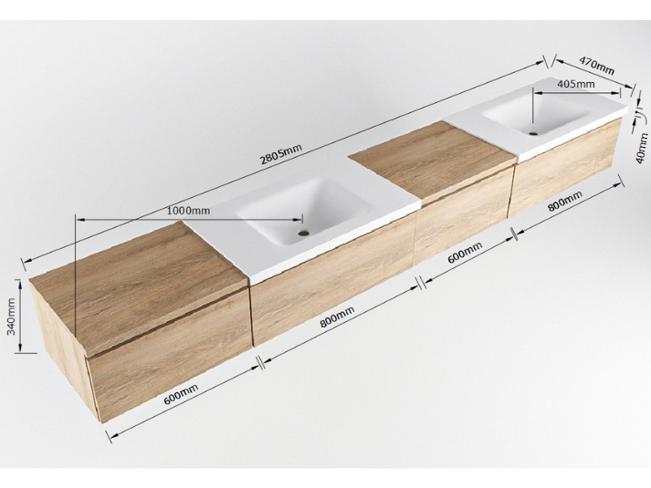 MONDIAZ BUKLA 280cm Badmeubel met Module 60 Links - Kleur Dark Brown - 4 Lades - Wastafel CLOUD Dubbel - 2 Kraangaten - Kleur Urban (Zwart)