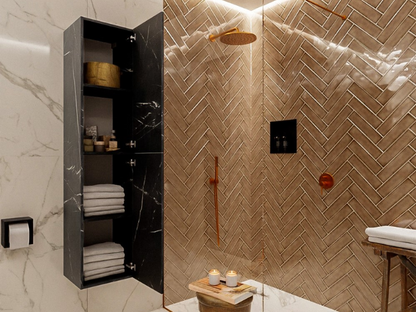 MONDIAZ BEAM Kolomkast Badmeubel 160cm - Marquina (Zwart Marmer) met 2 Push-to-Open Deuren