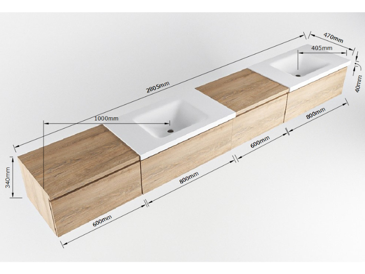 MONDIAZ BUKLA 280cm Badmeubel met Module 60 Rechts - Kleur Washed Oak - 4 Lades - Wastafel CLOUD Dubbel - 2 Kraangaten - Kleur Urban (Zwart)
