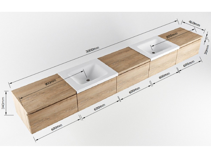 MONDIAZ BUKLA 300cm Badmeubel met Module 60 - Kleur Dark Brown - 5 Lades - Wastafel CLOUD Dubbel - 2 Kraangaten - Kleur Talc (Wit)