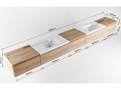 MONDIAZ® BUKLA Badmeubel 340cm - Module 60 - 5 Lades - Dark Brown (Melamine) - Dubbele Wastafel CLOUD met 2 Kraangaten - Kleur Urban (Zwart)